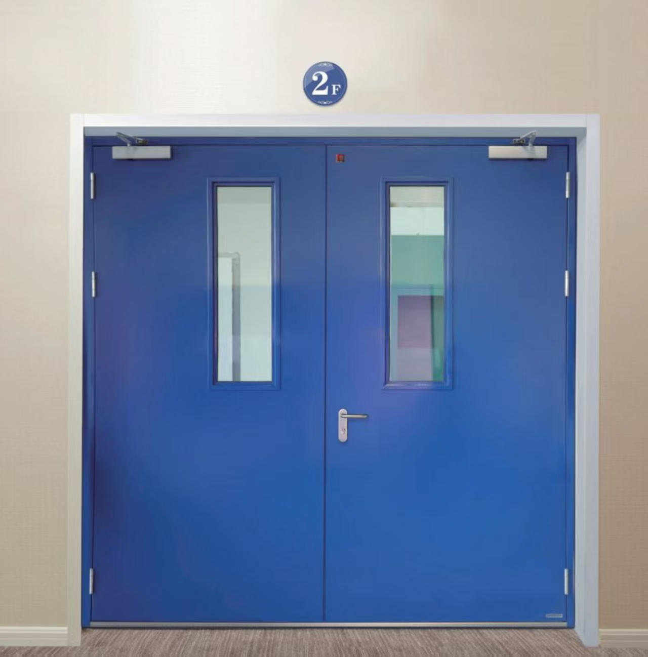 Emergency exit door: blue double leaf front view