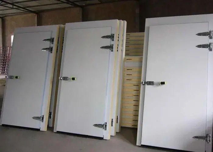 White hinged cold room door assemblies with hinges and latches