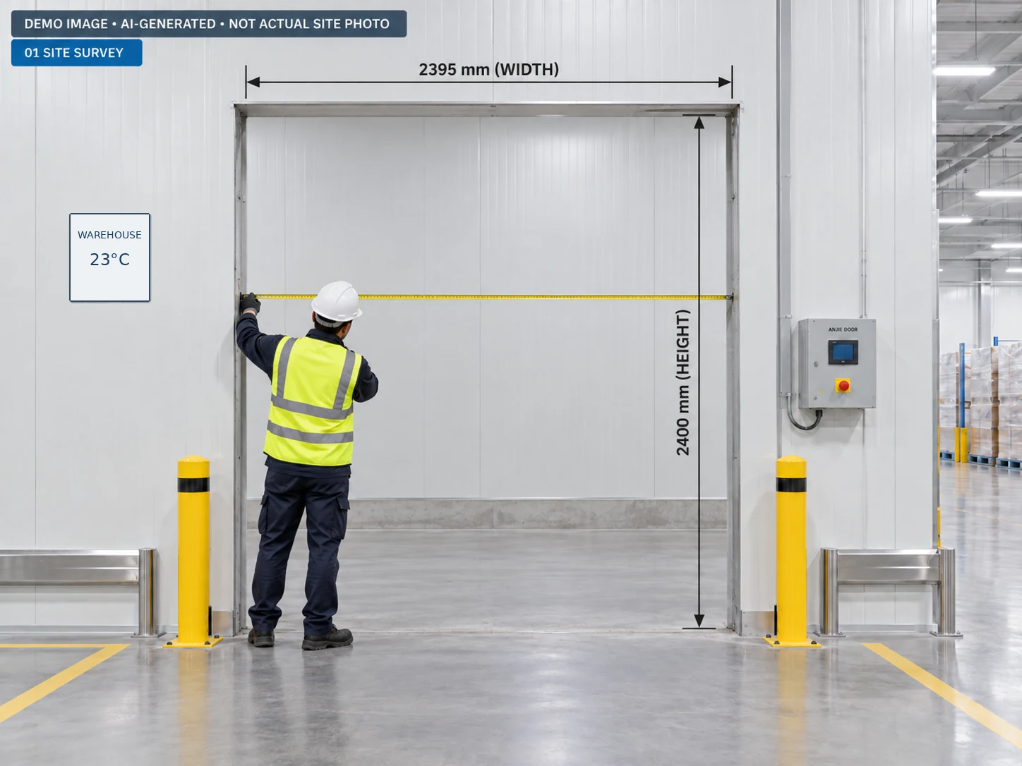 demonstration of a warehouse doorway survey with reported dimensions of 2395 mm wide and 2400 mm high