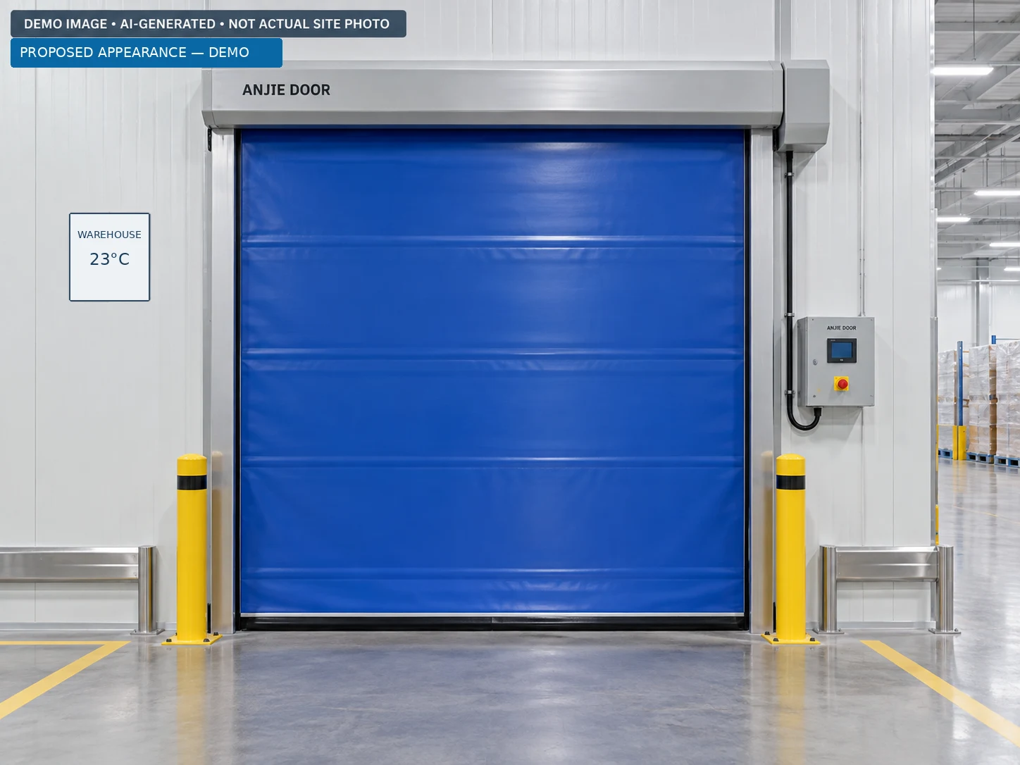 proposed appearance of a blue PVC high-speed door at an internal warehouse opening