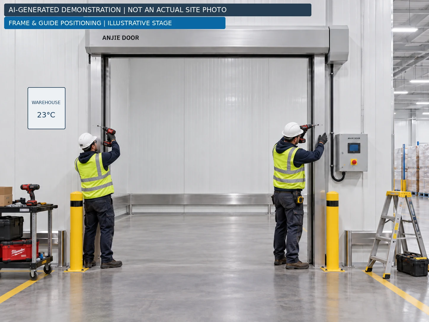 illustration of technicians positioning the side guides of a PVC high-speed door