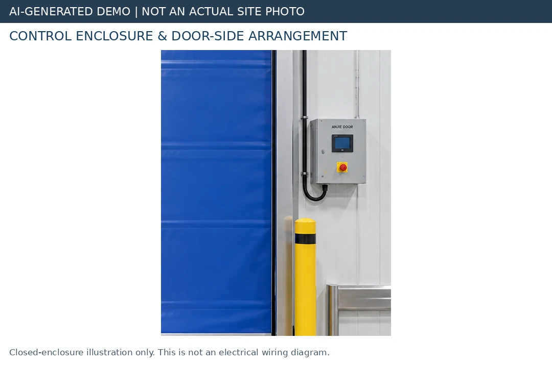 detail of a closed control enclosure beside a PVC high-speed door guide