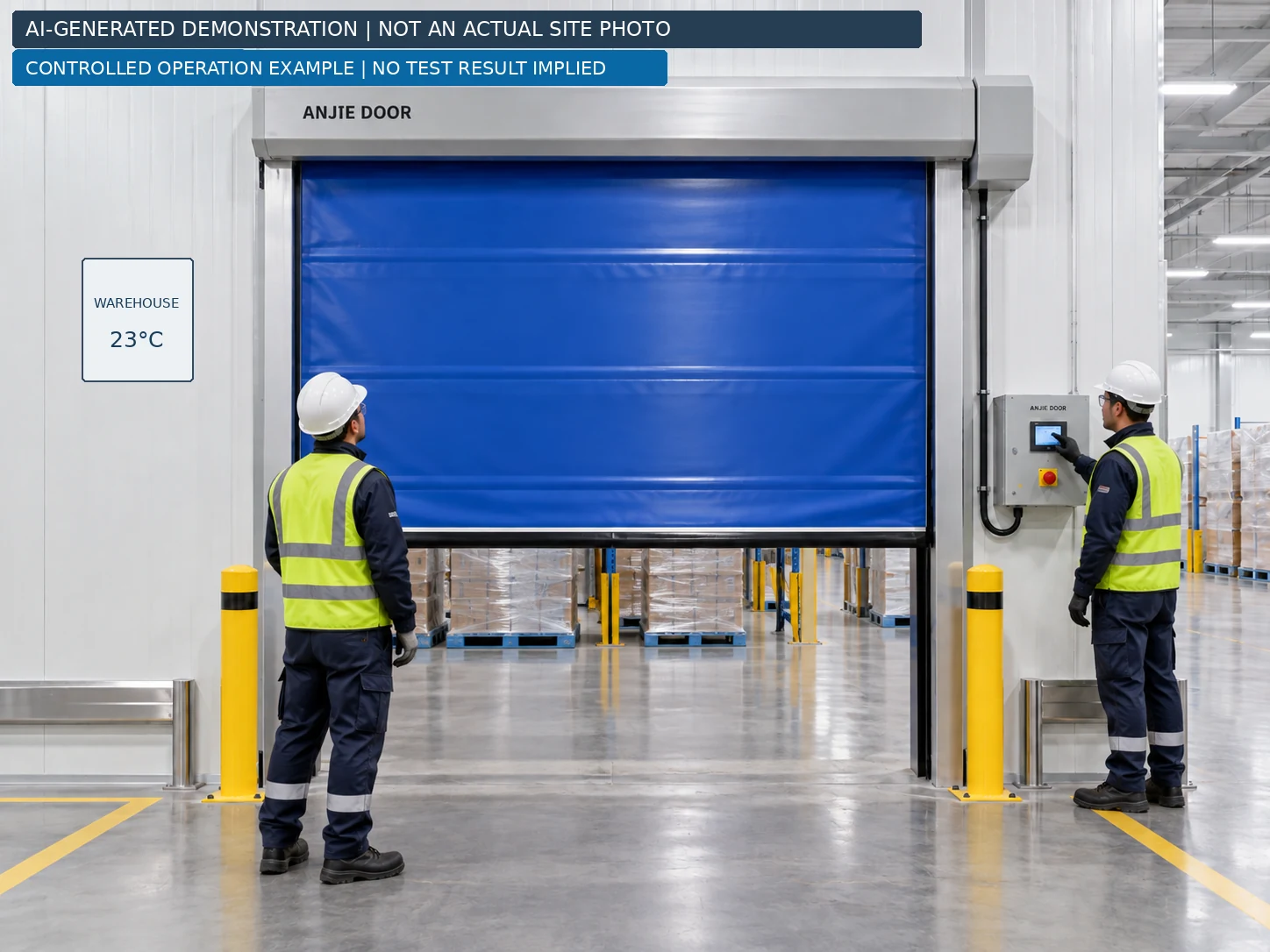 illustration of a technician observing a partially open PVC door while another operates the controller