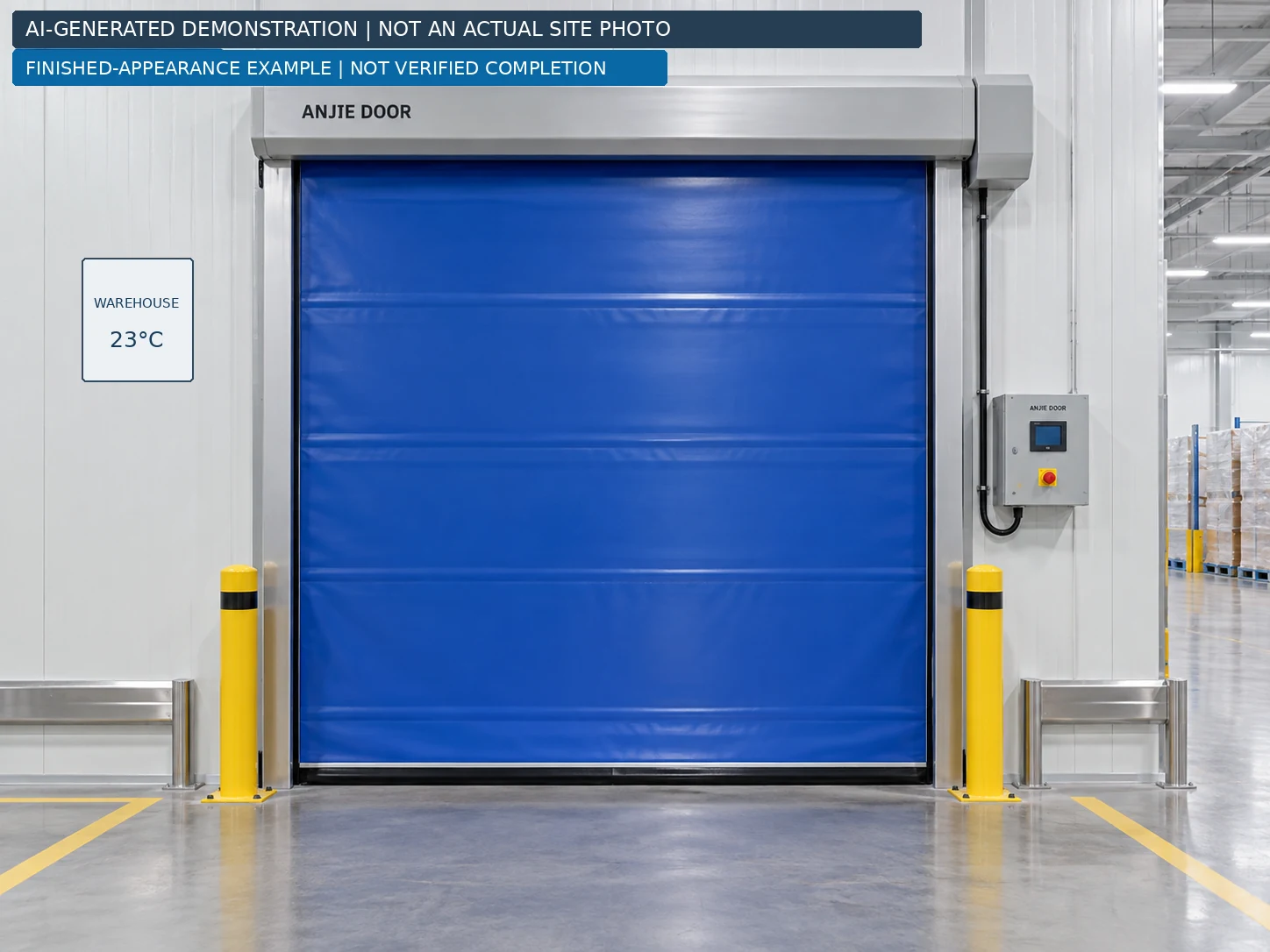 finished-appearance example of a blue PVC high-speed door at a warehouse passage