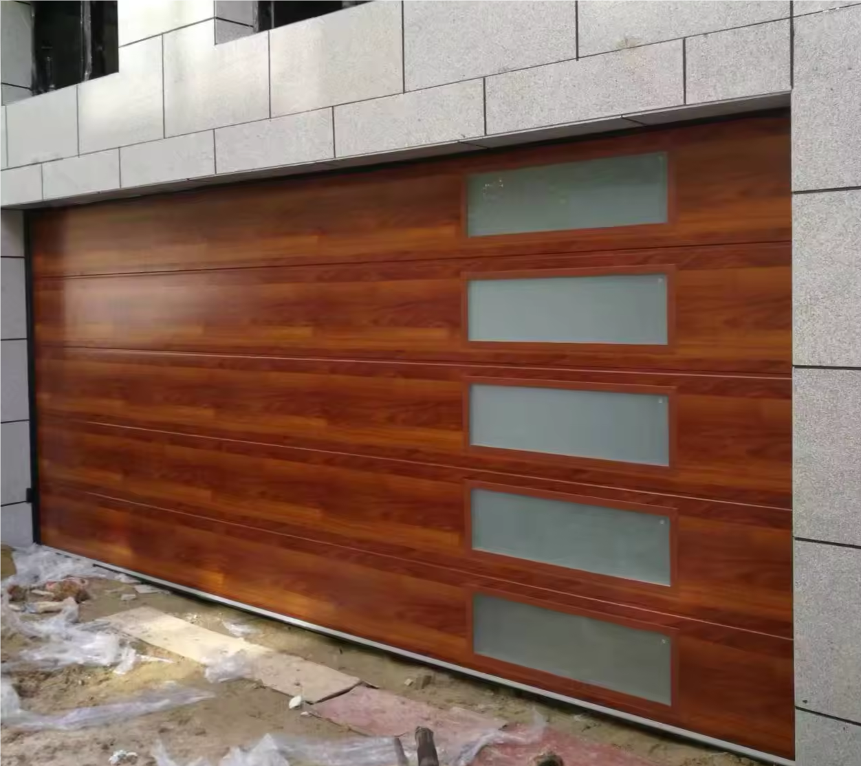 Golden Oak Wood Grain Steel Sectional Garage Door product description 1